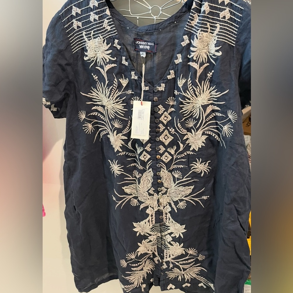 Johnny Was Midnight Blue Floral Embroidered Dress NWT Sz XL